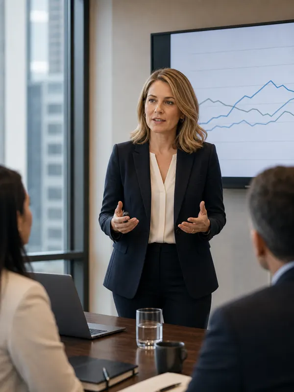 Executive presenting to a small audience beside a chart on screen