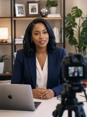 A podcast guest speaking confidently on a video call