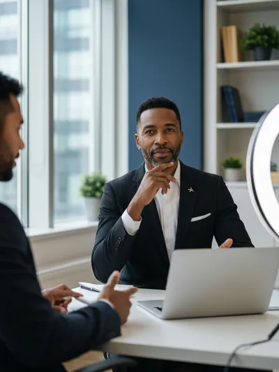 A senior leader on a high-quality video call setup in a clean home office, looking confident and prepared on camera, ring light just visible in frame