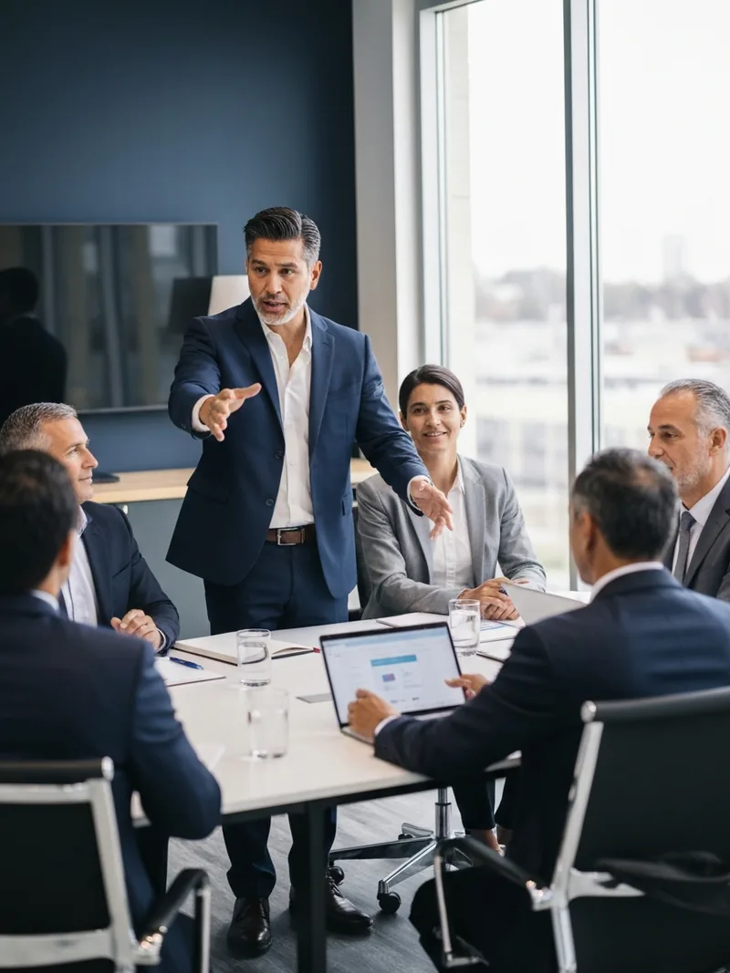 A senior leader engaged in a small-group leadership communication training session around a conference table, speaking while colleagues listen, all clearly mid-discussion