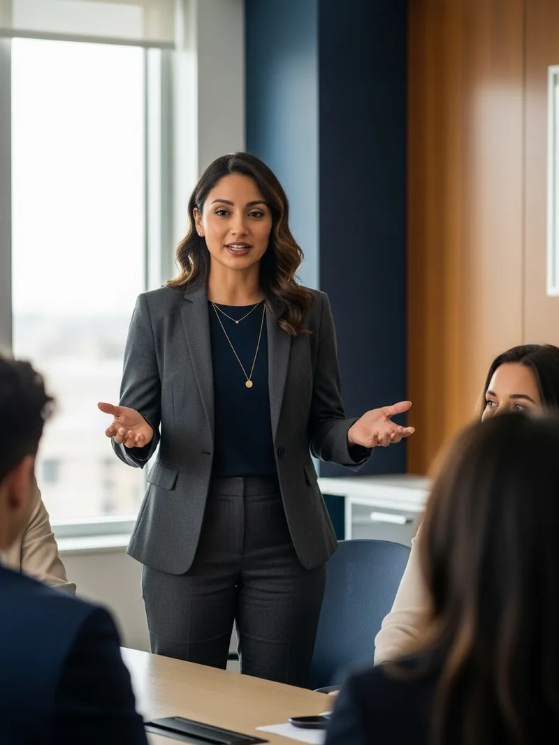 Latina executive delivering a keynote address to a full conference room
