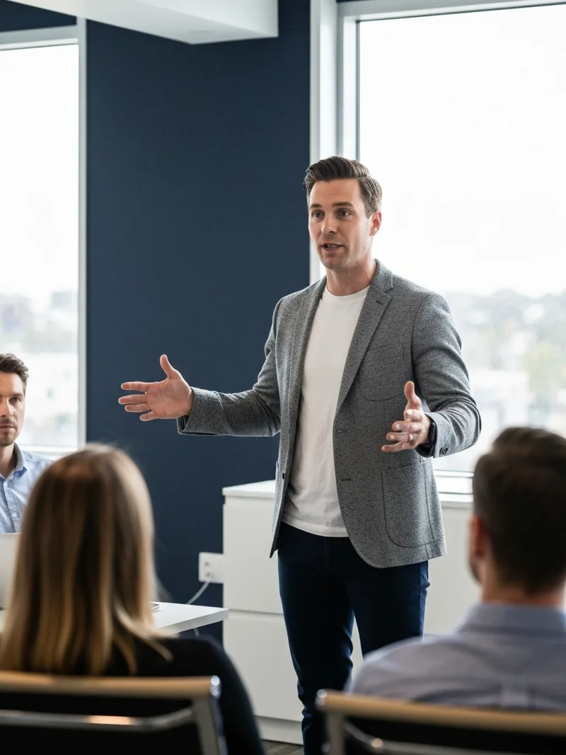 Male speaker presenting confidently to a live audience in a professional setting