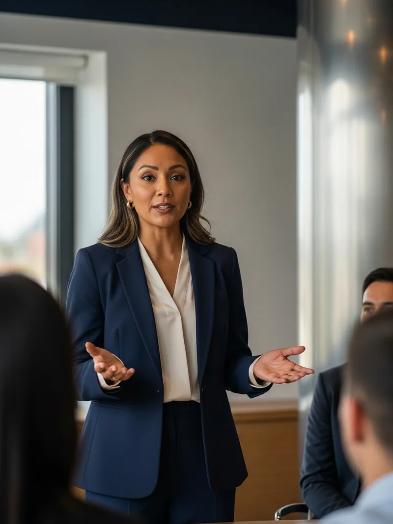 A speaker addressing a conference audience from the front of the room