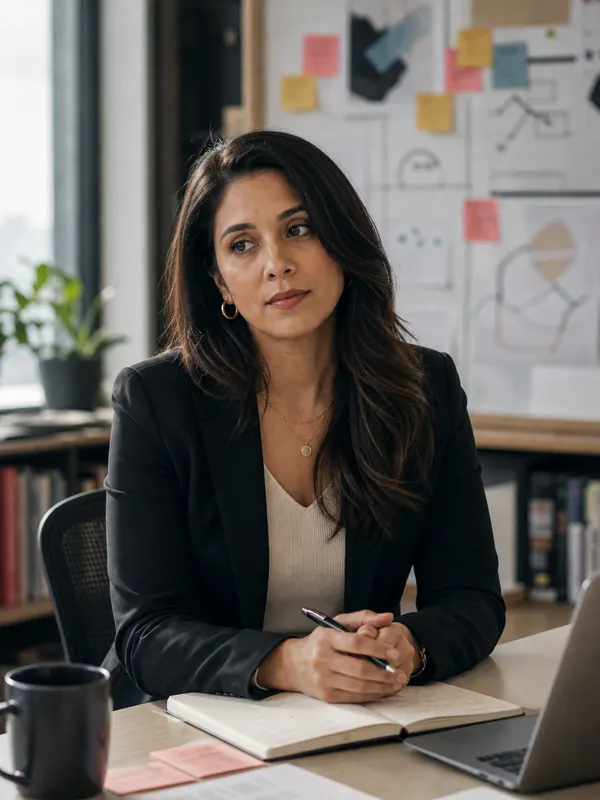 A founder at her desk in front of a whiteboard of diagrams, thinking through how to explain them