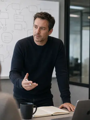 A founder at a whiteboard brainstorming a podcast name and branding ideas