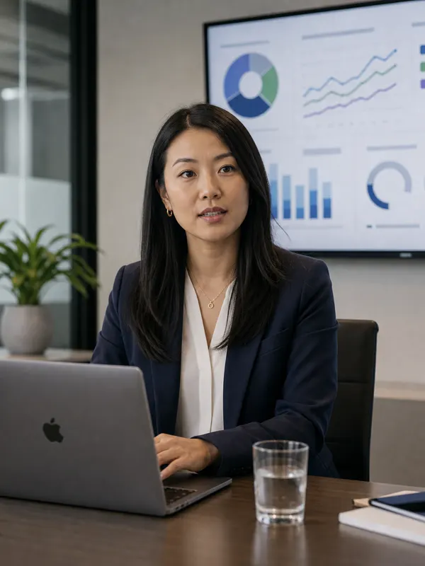 A technology manager at a laptop with a crowded multi chart dashboard on the screen behind her