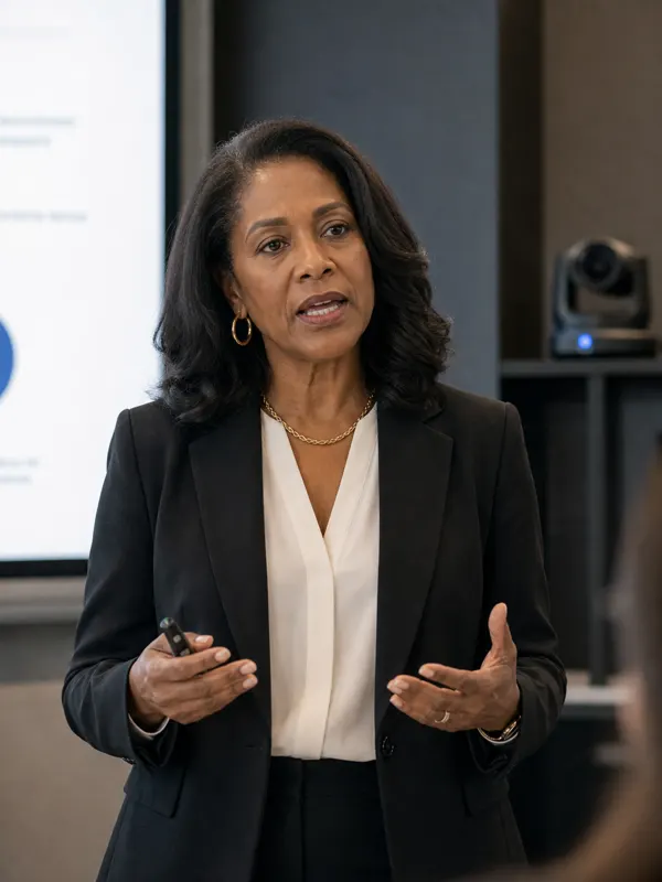 A senior leader running a leadership communication training session for her team in a training room