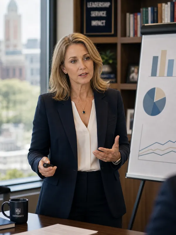 A university administrator opening a presentation from a chart easel in her office