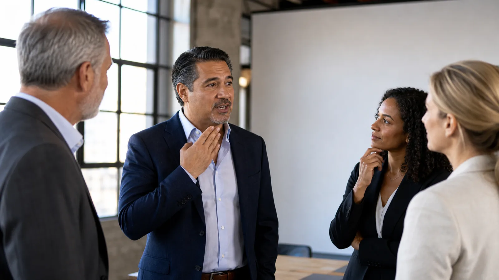 An executive mid-sentence speaking to three colleagues standing in a loft office, taking his time