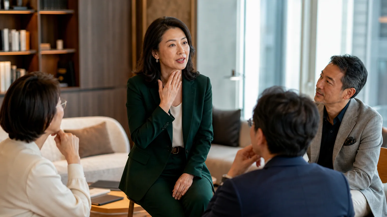 An executive in a green suit speaking to a small seated group during a voice and communication workshop