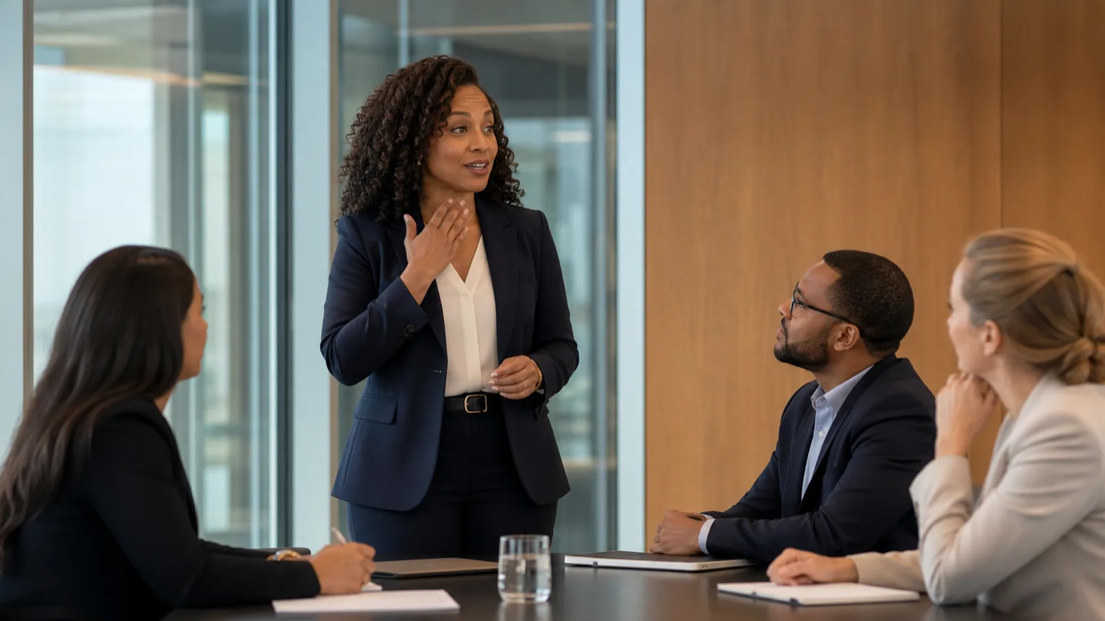 An executive speaking to colleagues in a boardroom, hand at her throat, explaining a point clearly
