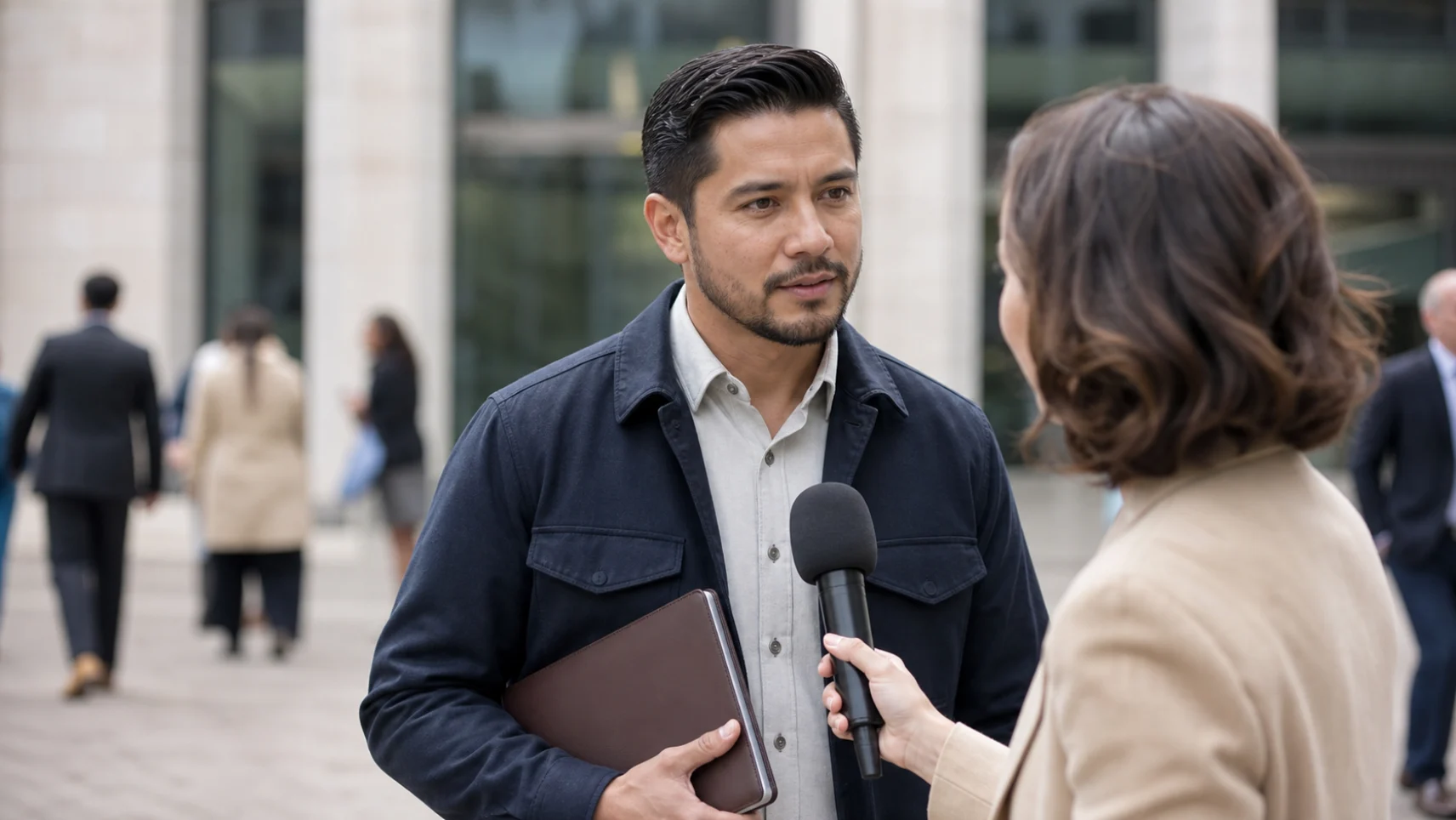 Man holding tablet and microphone speaks with woman during outdoor interview.