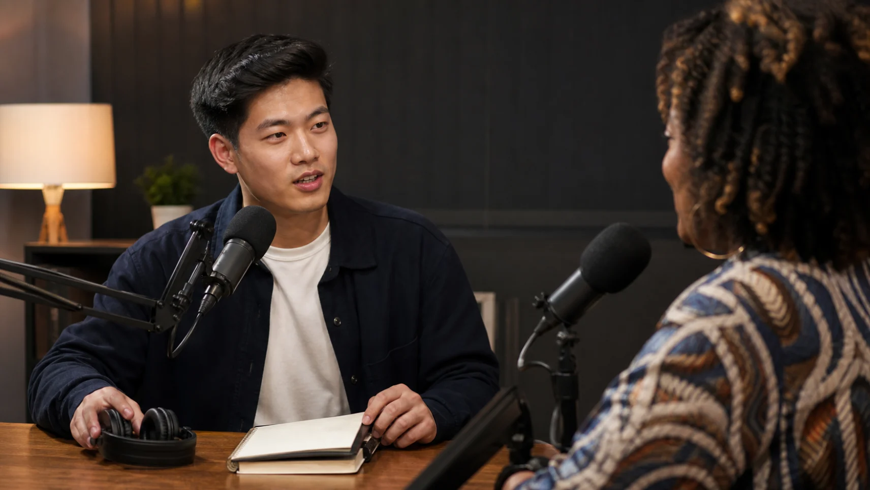 Two people engage in podcast conversation at table with microphones and headphones.
