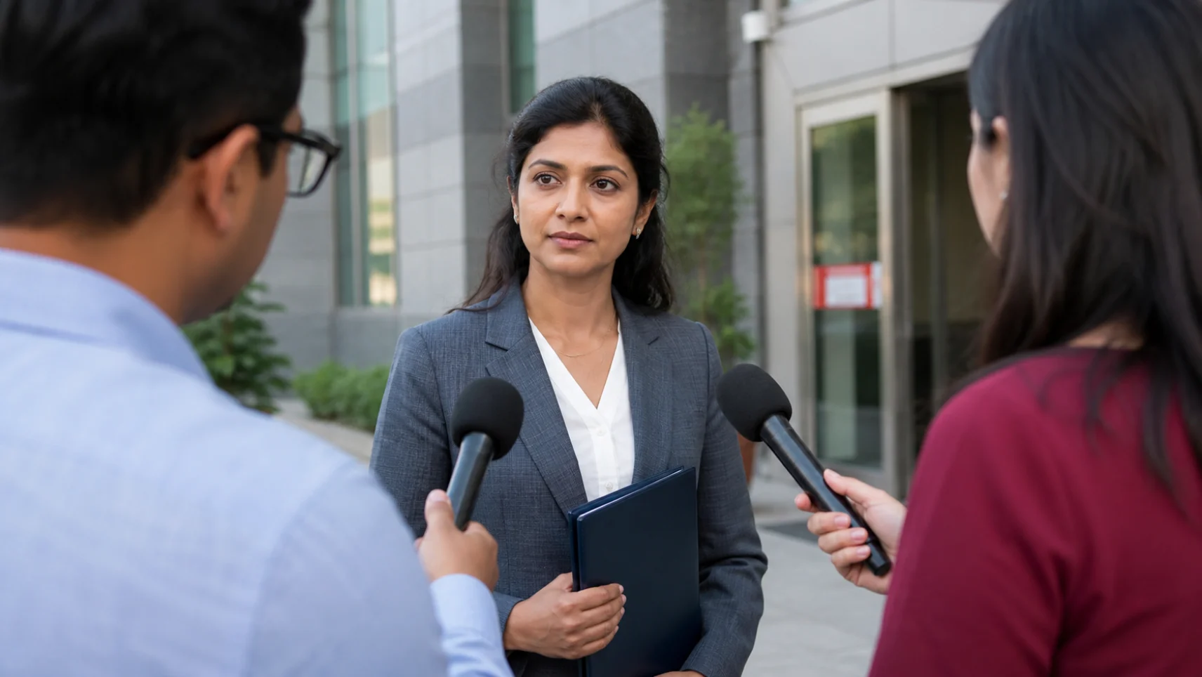 A spokesperson taking questions from reporters at a press gaggle outside an office building