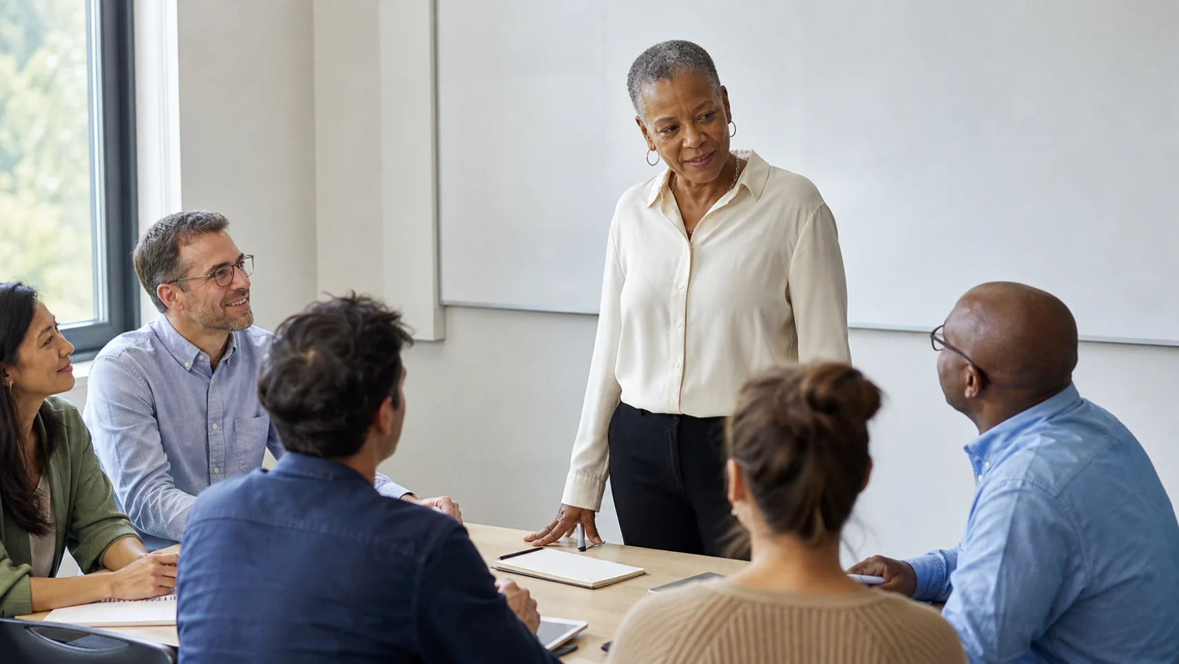 An instructor leading a communication training session with a small team around a table
