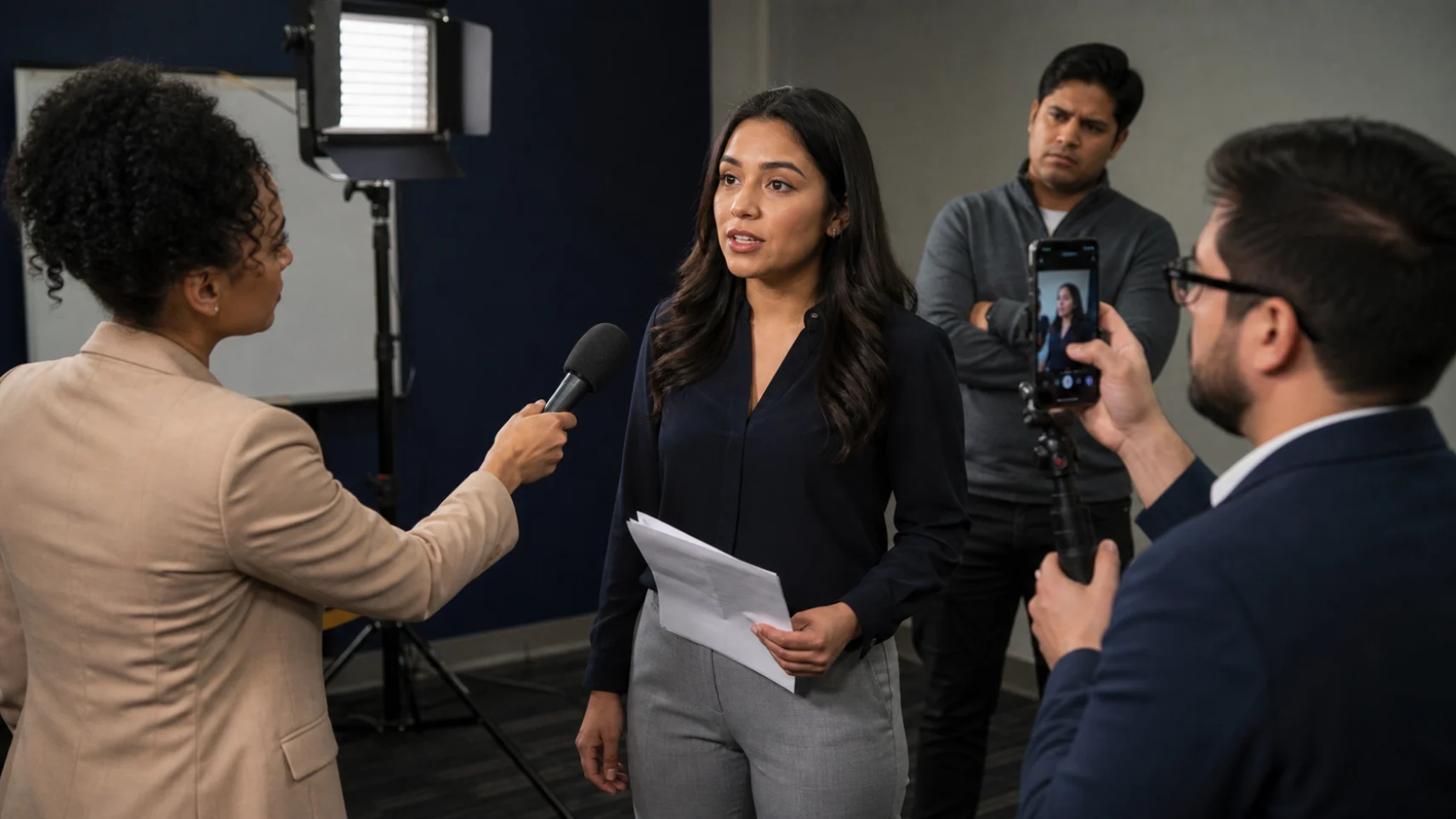 A spokesperson holding her notes and a microphone during on-camera press training under studio lights
