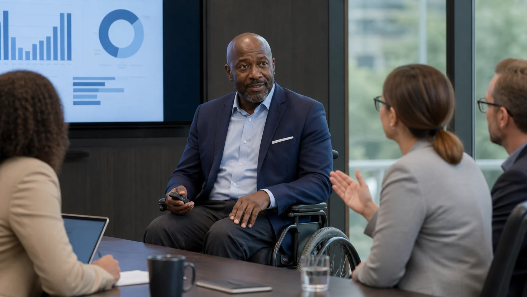 A presenter taking a boardroom through charts on screen while colleagues weigh what the numbers mean