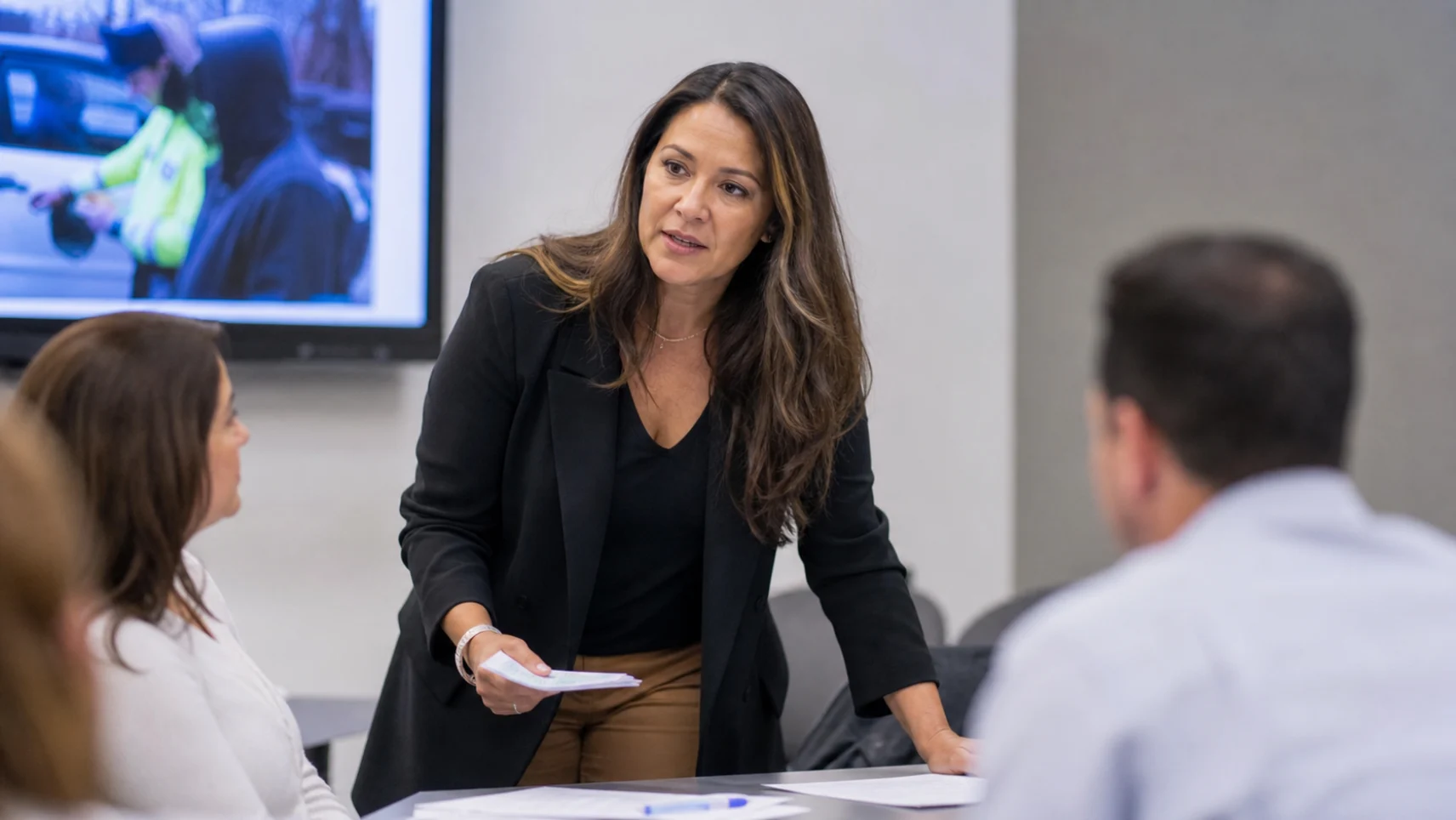 A communications lead briefing colleagues with incident footage on the screen behind her