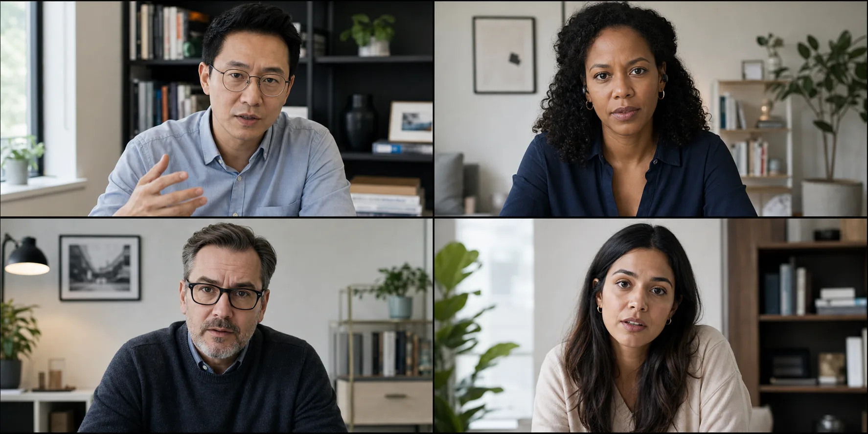 Four professionals on a remote video call from separate home offices, the setting where lighting and connection problems most often happen