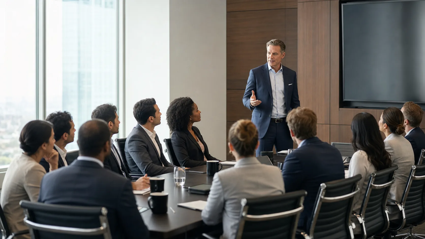 Male presenter addresses seated business professionals in modern conference room.