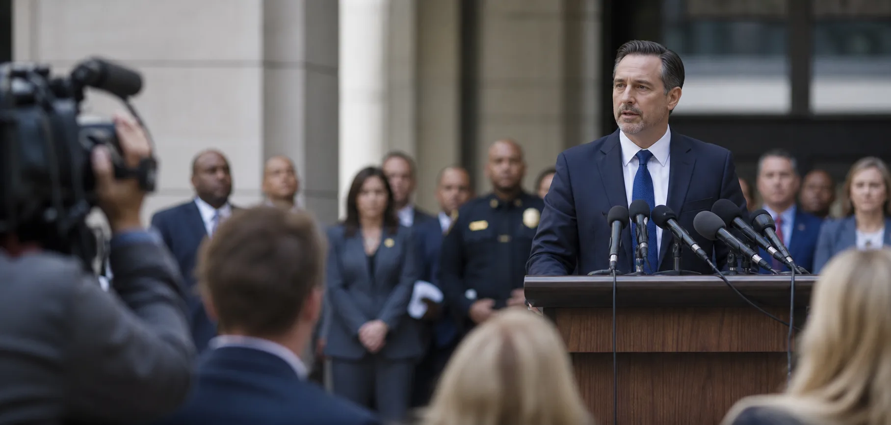 A spokesperson at a podium surrounded by microphones during a press conference