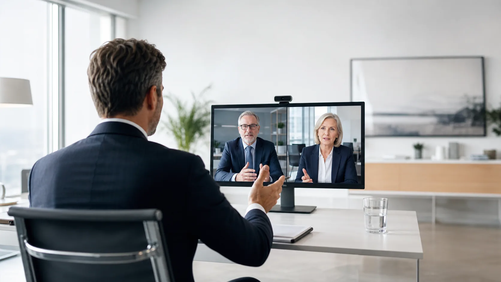 Man in business suit participates in video conference call with two remote colleagues.