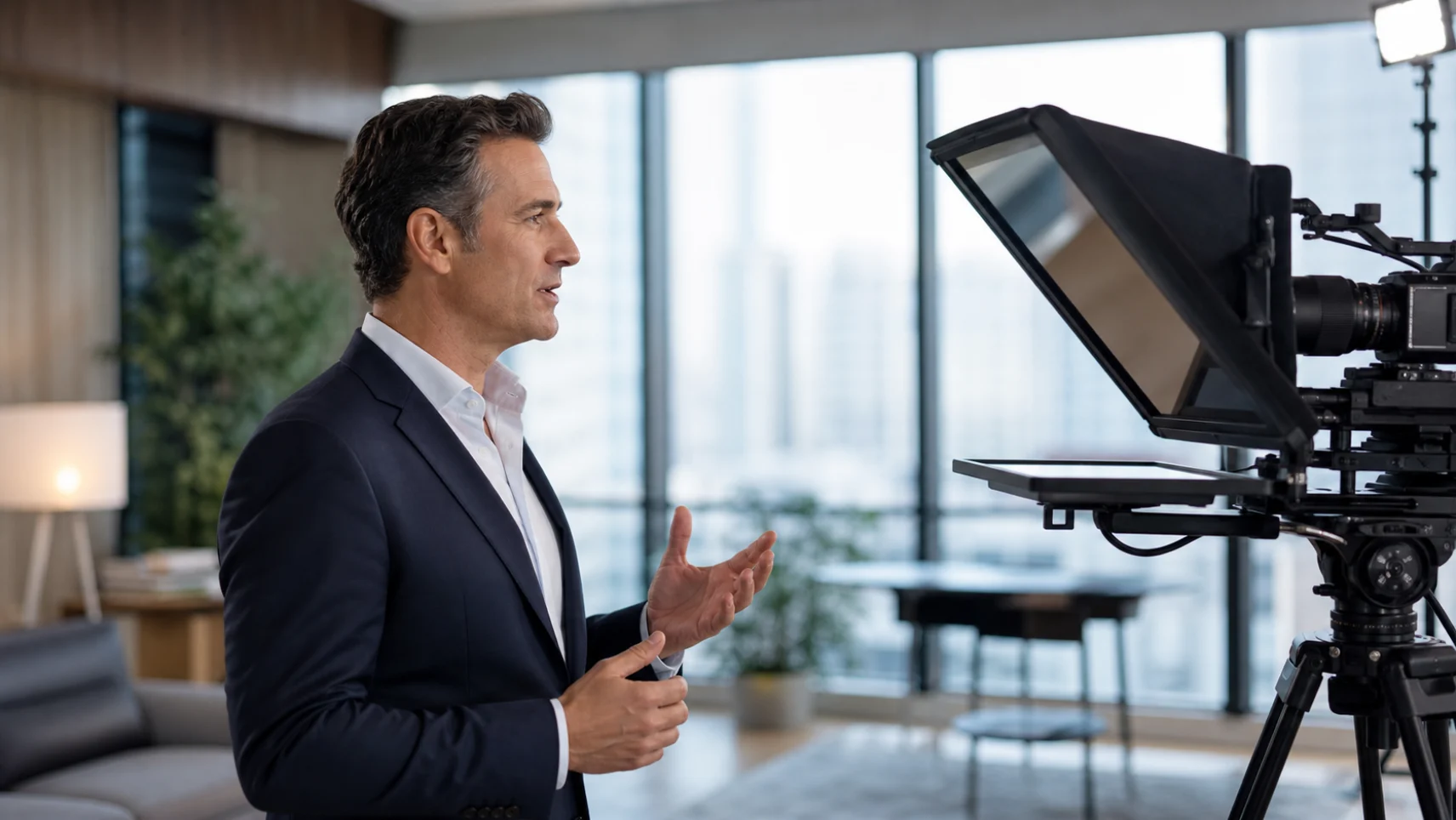 An executive speaking straight down the lens during an on camera interview