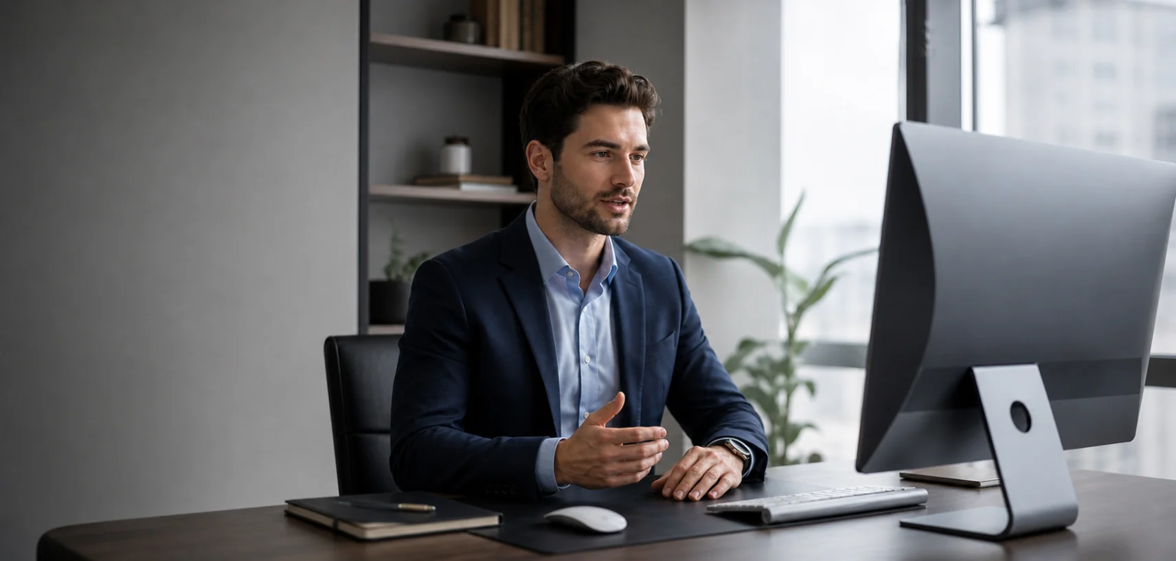 Professional man in blazer gestures while speaking at modern office desk.