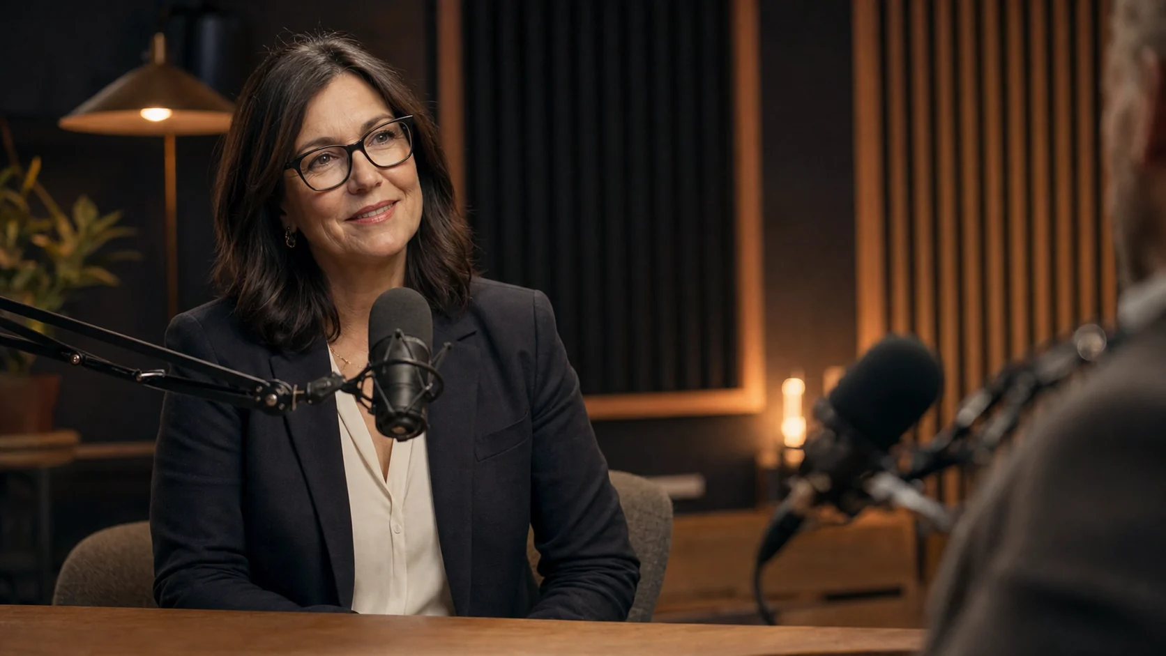Woman speaking into microphone during podcast or interview recording session.