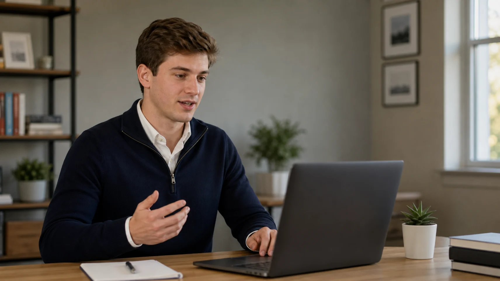 Young man in navy jacket speaking during video call at desk.