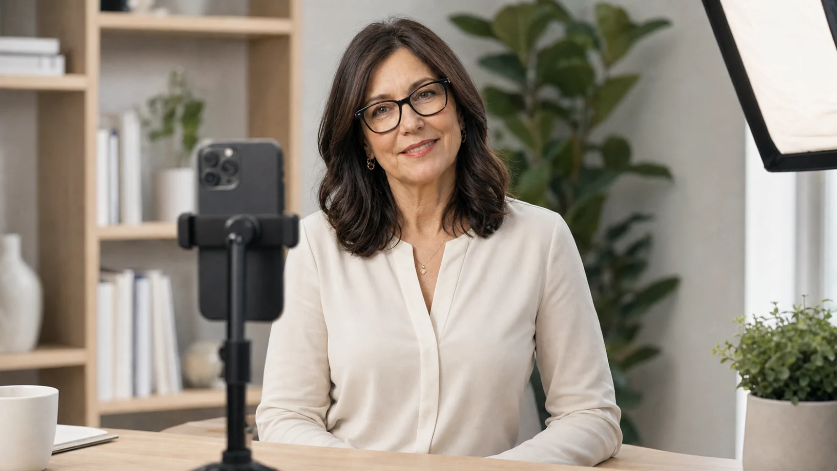 A professional filming herself on a phone mounted on a tripod, lit for video at her desk