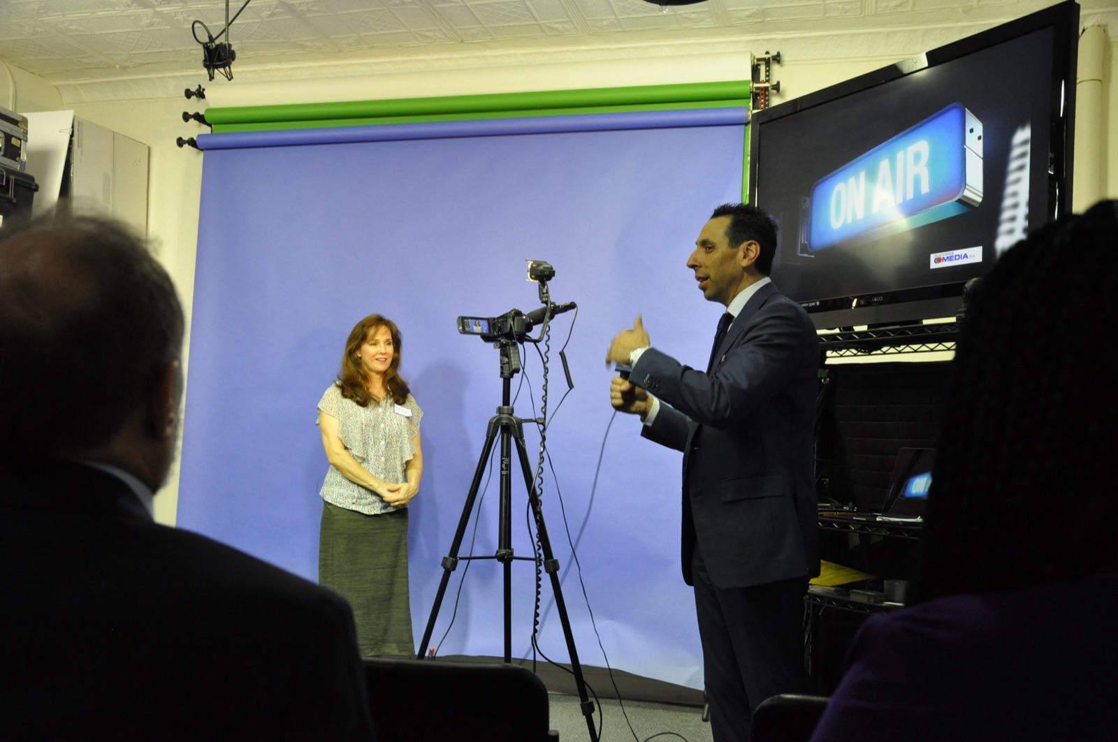 Jess Todtfeld leading a media training workshop with a live camera setup