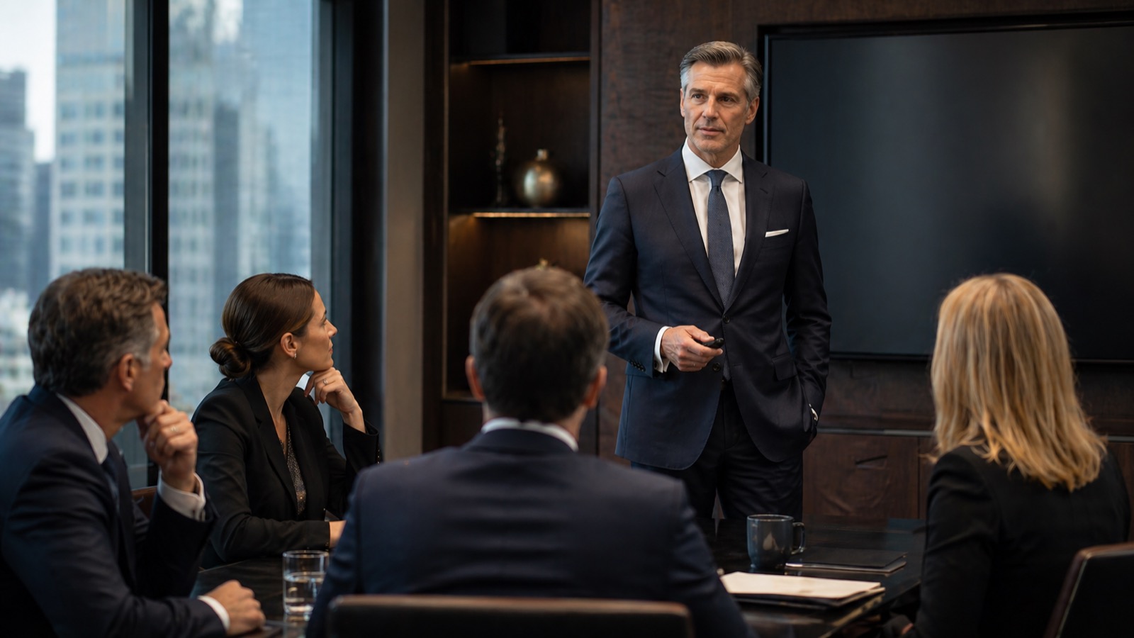 Executive communication coaching session: a senior leader presenting to a boardroom with authority