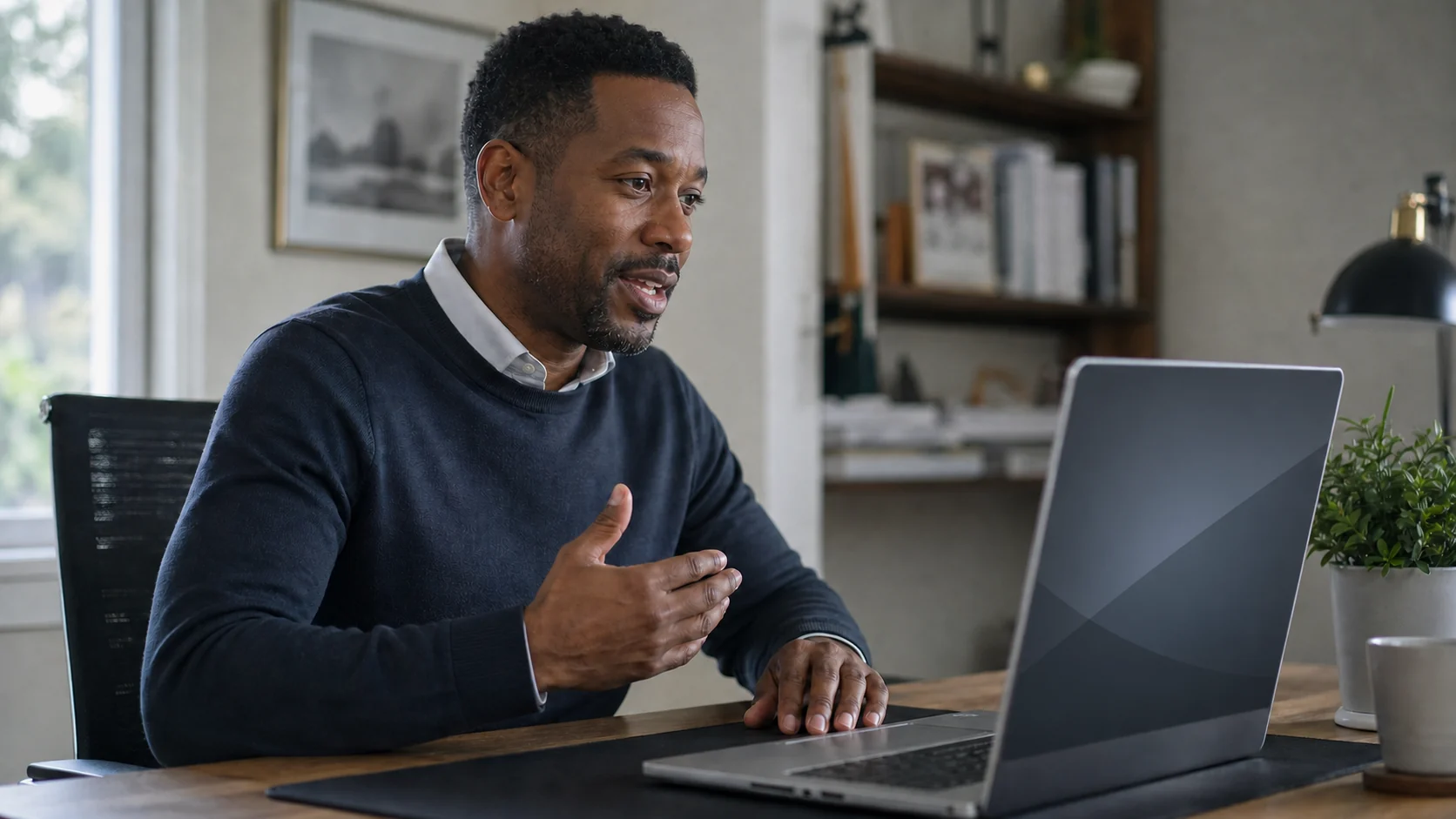Professional man engaged in video call or virtual meeting at desk.