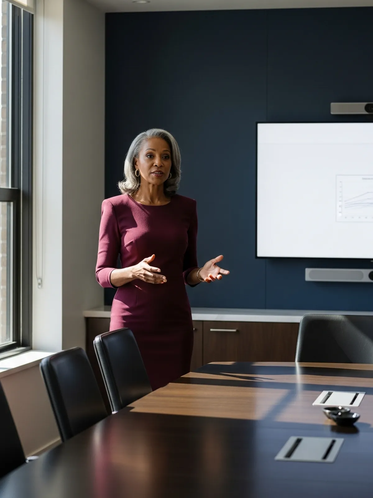 Senior leader preparing for a board meeting with on-camera coaching