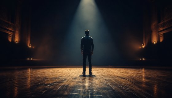 Silhouetted figure stands alone on stage under dramatic spotlight beam.