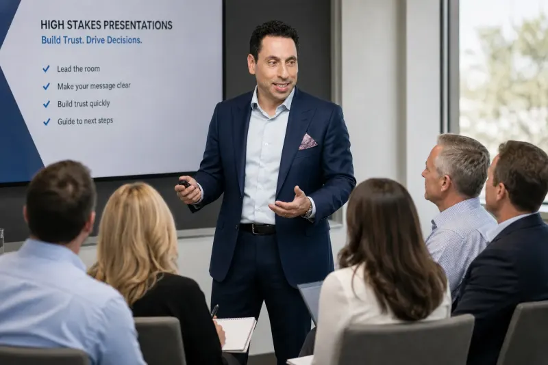 Jess Todtfeld presenting to a leadership team beside a slide titled High Stakes Presentations