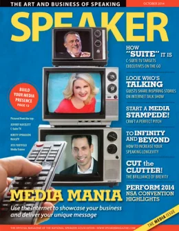 Cover of Speaker magazine, October 2014, the Media issue, with Jess Todtfeld on one of three television screens