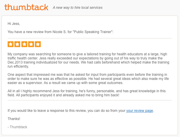 Recent Review placed on a service web site